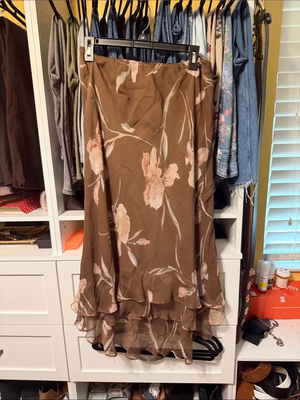 Ralph Lauren Brown Floral Maxi Skirt with Pink Accents